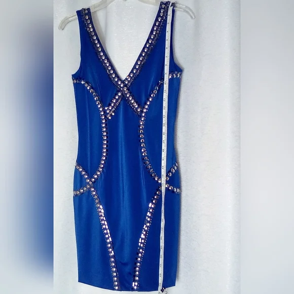 New Small Blue Silver Bebe Tribal Rings Knit Dress Homecoming Prom Holiday Party - Picture 4 of 11